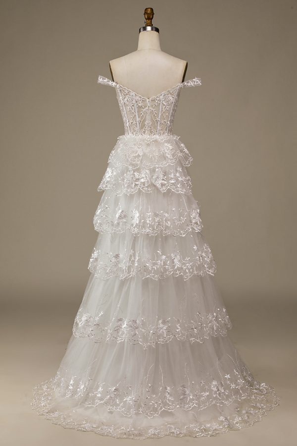 Sparkly White Tiered Lace Wedding Dress with Slit on Sale