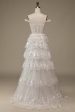 Sparkly White Tiered Lace Wedding Dress with Slit on Sale