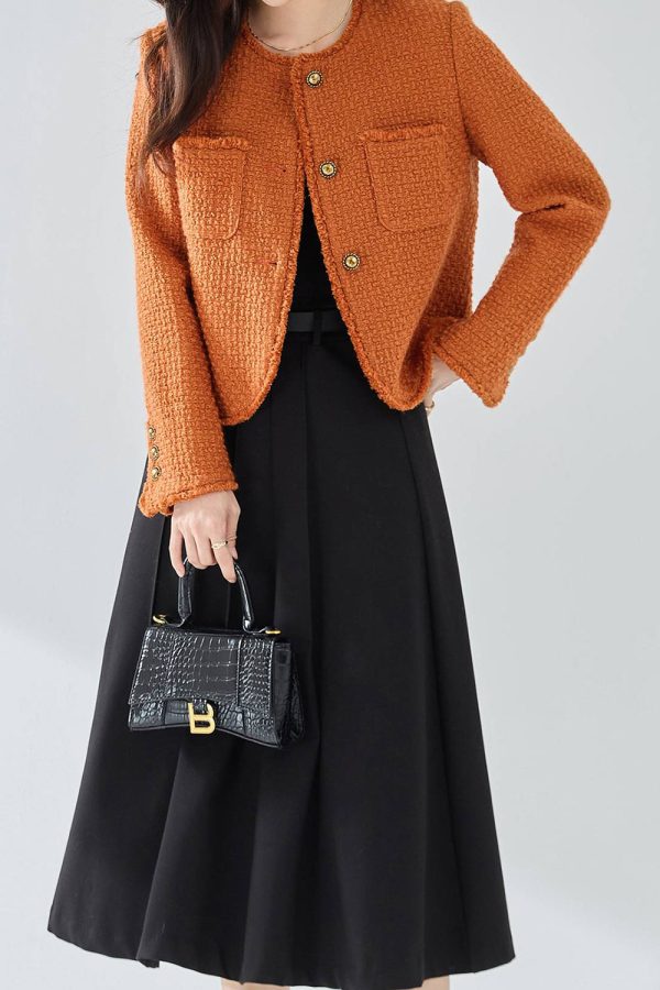 Orange Tweed Shawl Lapel Button Cropped Women Coat Supply