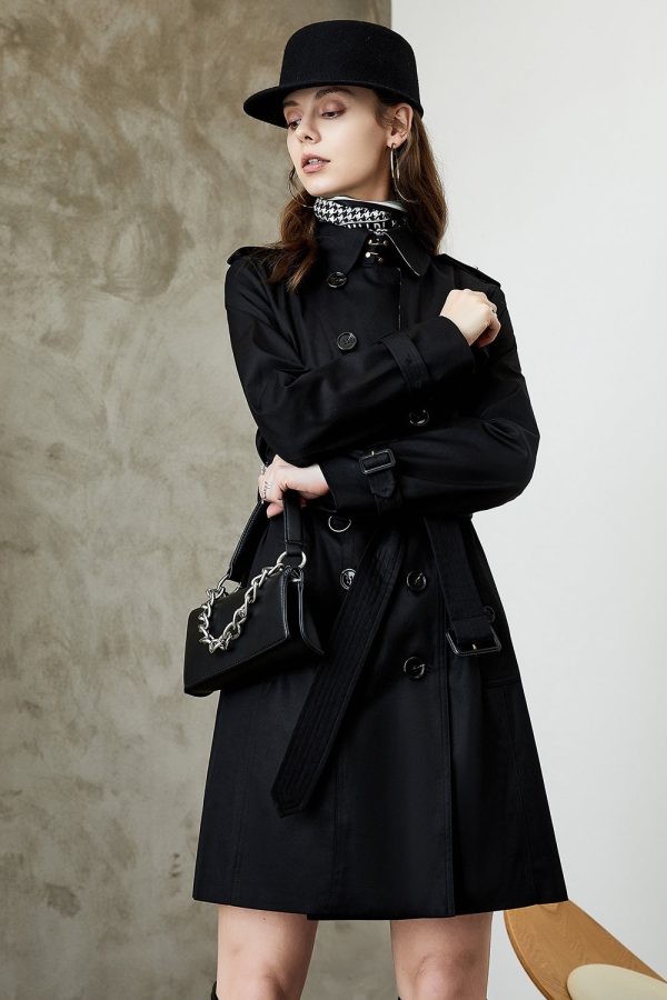 Black Double Breasted Lapel Long Trench Coat with Belt For Sale