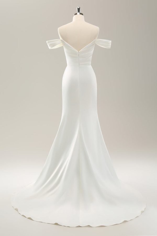 White Mermaid Off The Shoulder Pleated Satin Wedding Dress with Slit Sale