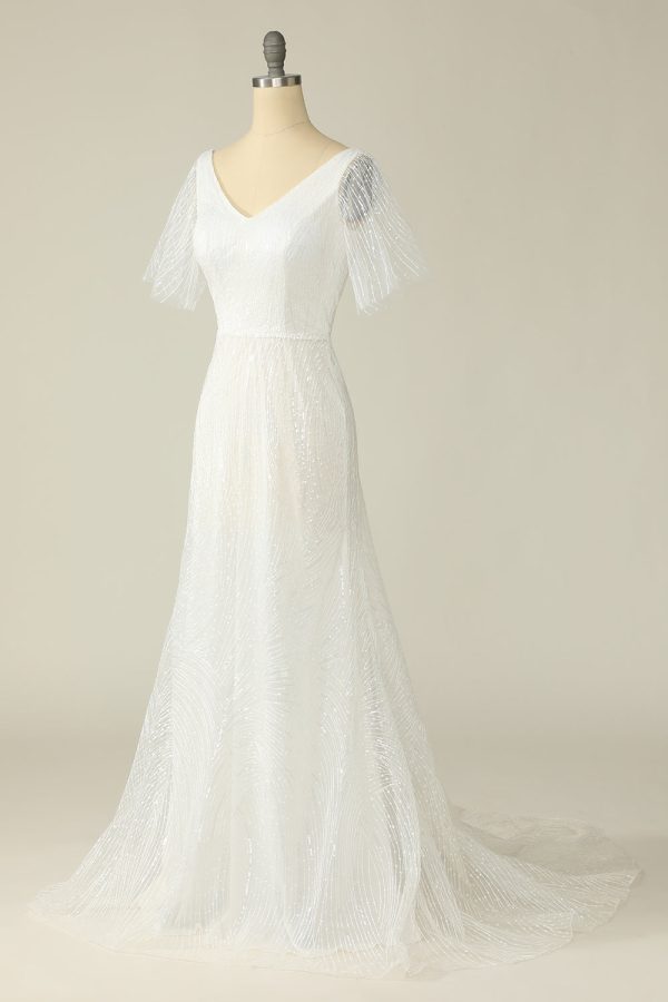 White V Neck Lace Wedding Dress Online