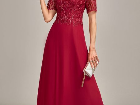 Burgundy A Line Round Neck Sequin Mother of Bride Dress With Appliques Fashion