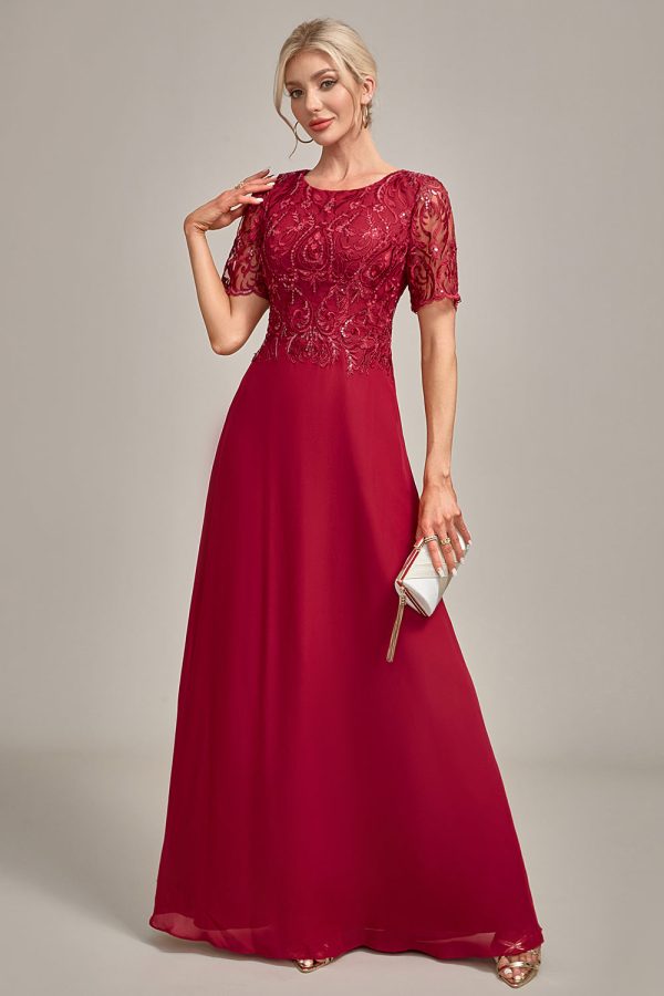 Burgundy A Line Round Neck Sequin Mother of Bride Dress With Appliques Fashion