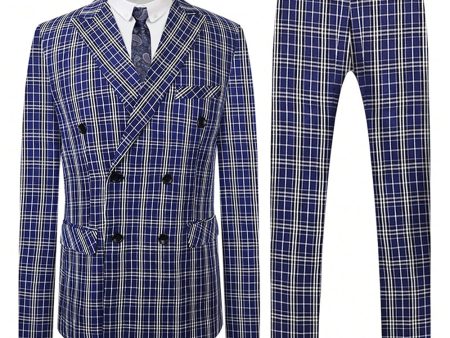 Royal Blue Plaid Peak Lapel Double Breasted 2 Piece Men s Suit Sale