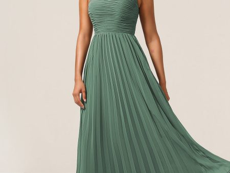 A Line One Shoulder Eucalyptus Long Bridesmaid Dress with Ruched Sale