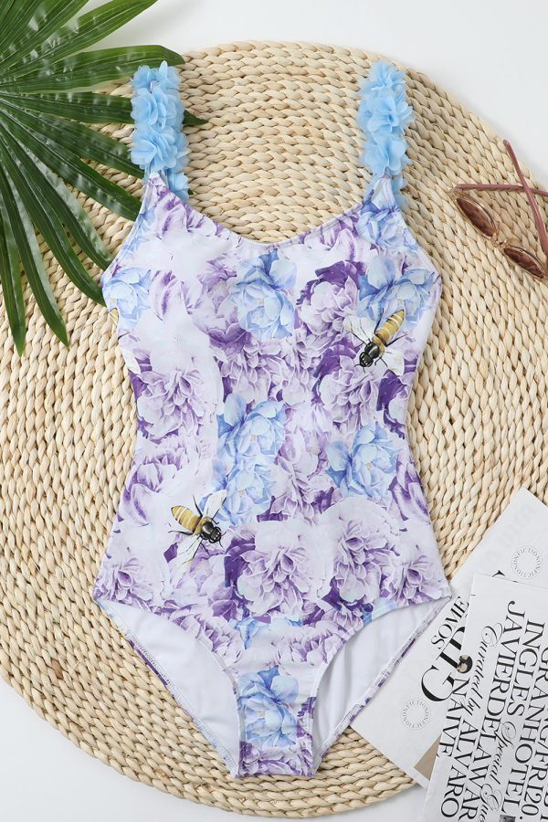 Blue Printed High Waist One Piece Swimwear with Flowers Supply