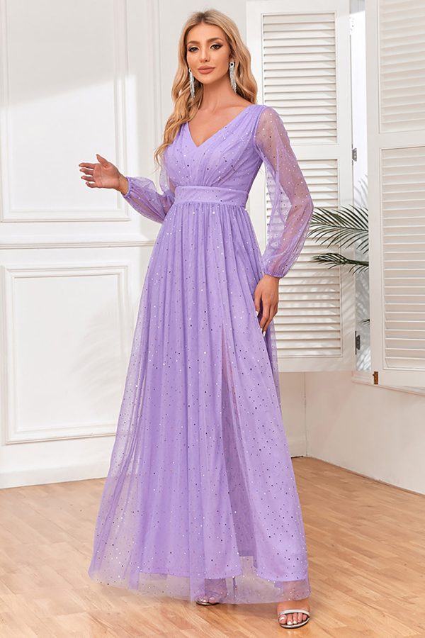 A-Line Long Sleeves Lilac Formal Dress with Slit Cheap