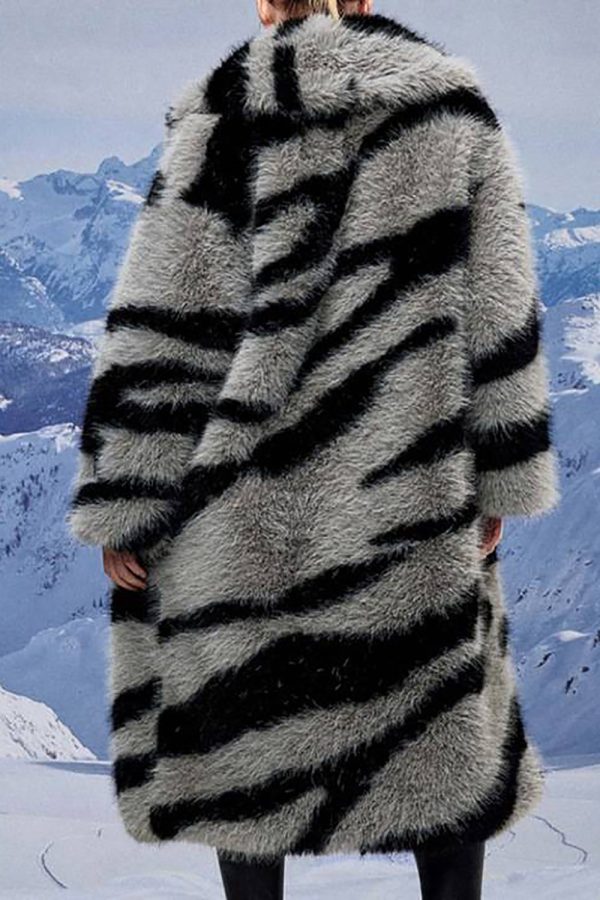 Dark Grey Zebra Pattern Imitation Oversized Long Faux Fur Shearling Coat Supply