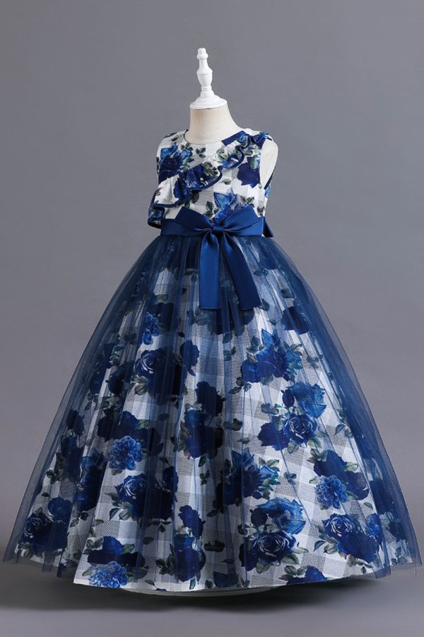 Blue Flower Tulle Long Girls  Dress With Ruffles Online Hot Sale