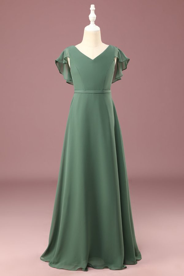 A-line Eucalyptus Chiffon Long Cap Sleeve Junior Bridesmaid Dress For Cheap