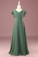 A-line Eucalyptus Chiffon Long Cap Sleeve Junior Bridesmaid Dress For Cheap