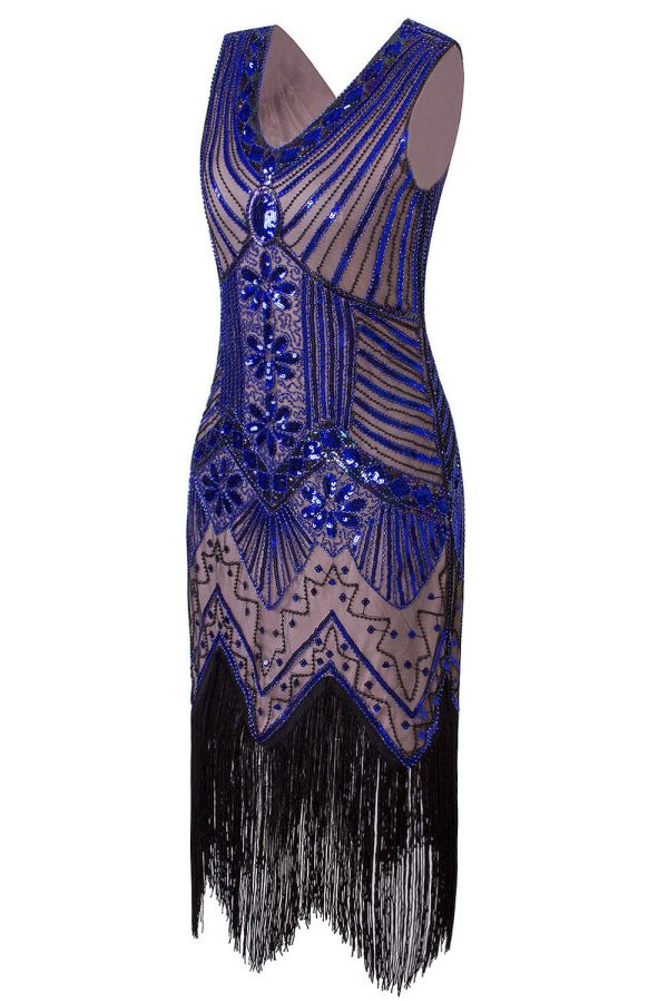 1920s Vintage Royal Blue Sequins Flapper Dress Discount