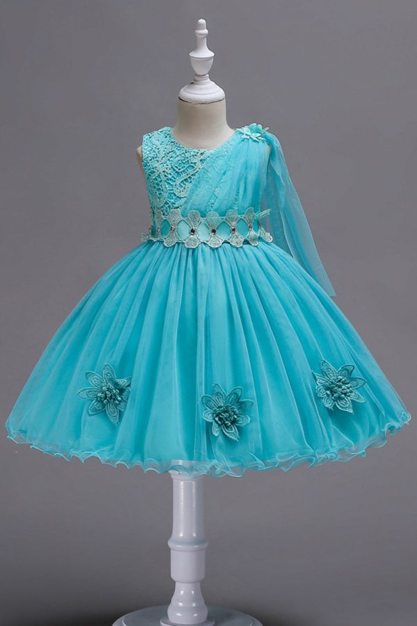 Blue A Line Bowknot Girls Party Dresses With 3D Flowers Online Hot Sale