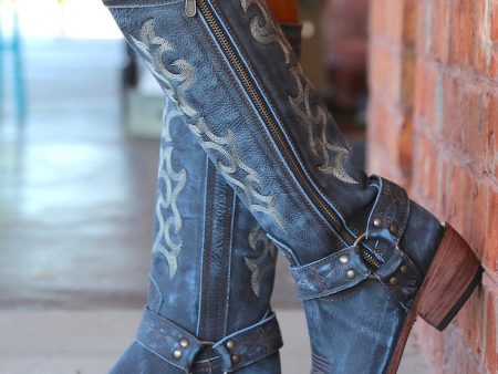 Blue Embroidered Cowgirl Boho Mid Calf Boots Online Sale