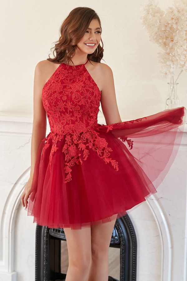 A Line Halter Red Short Homecoming Dress with Appliques Discount