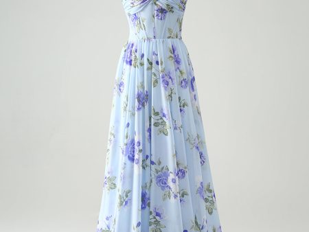 Blue Floral A Line Sweetheart Strapless Pleated Long Wedding Guest Dress Online now