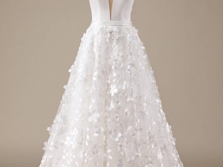 Ivory A-Line V-Neck Wedding Dress with 3D Flowers For Cheap