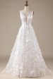 Ivory A-Line V-Neck Wedding Dress with 3D Flowers For Cheap