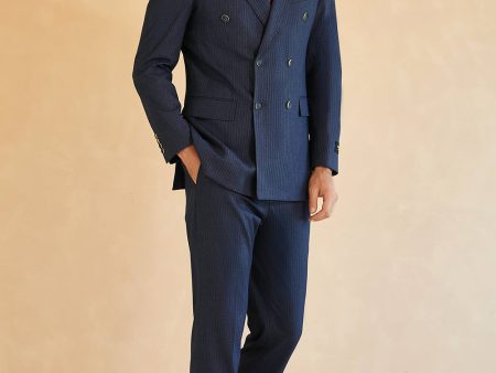 Dark Blue Double Breasted Pinstripe 3 Piece Wedding Men s Suits on Sale