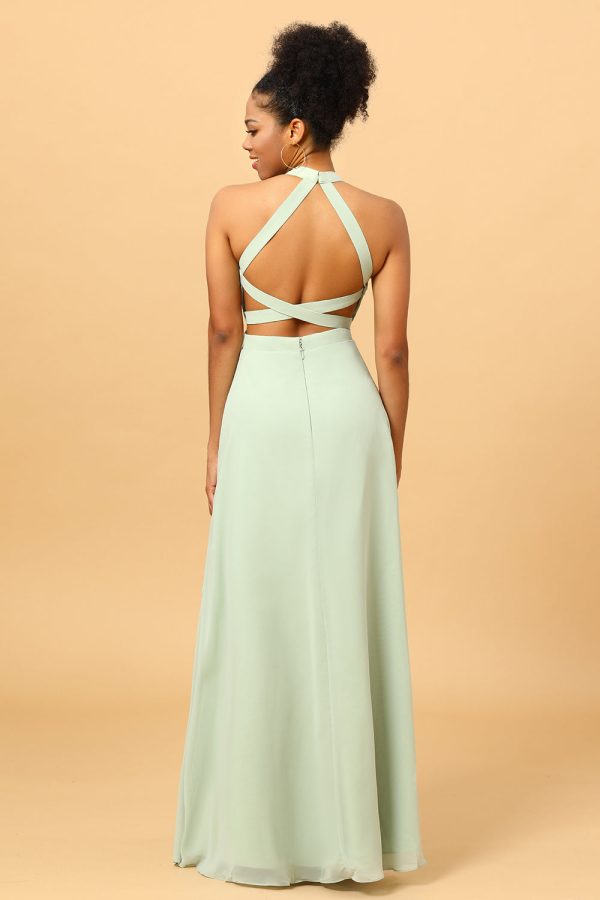 A Line Halter Dusty Sage Long Bridesmaid Dress with Open Back For Cheap