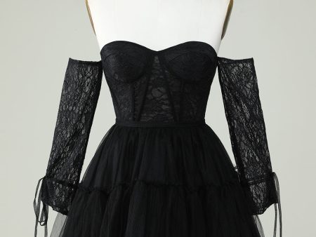 A Line Off the Shoulder Black Corset Homecoming Dress with Long Sleeves Cheap