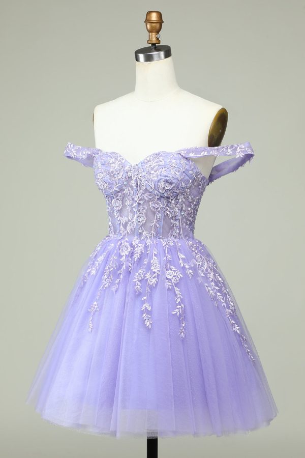 A Line Off the Shoulder Lilac Corset Homecoming Dress with Appliques Cheap