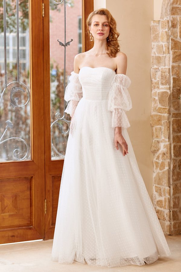 A Line Off the Shoulder White Wedding Dress with Long Sleeves Online Hot Sale