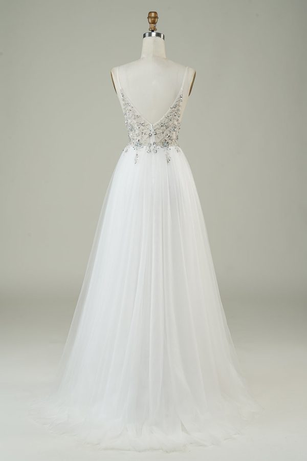 Gorgeous A Line Spaghetti Straps White Tulle Long Wedding Dress with Beading Online now