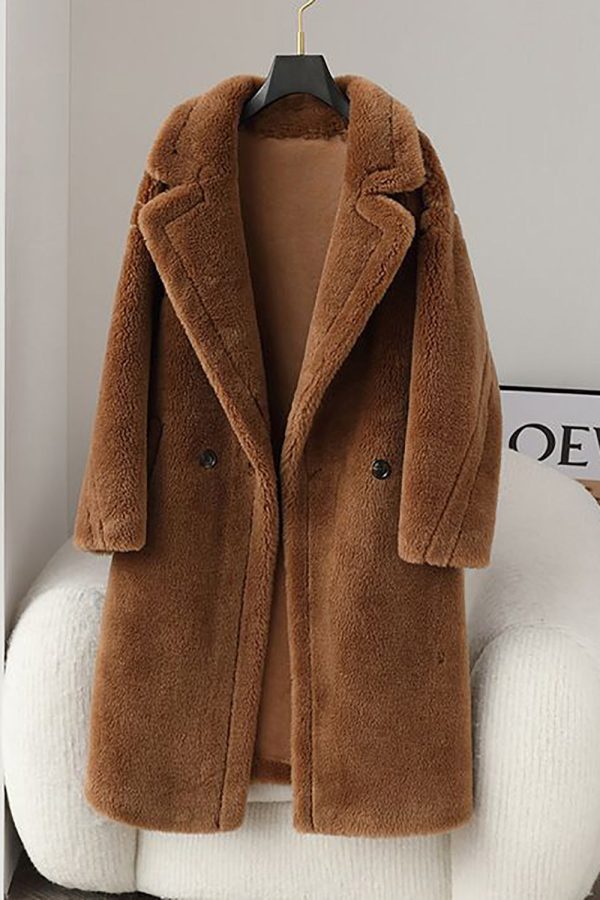 Brown Notched Lapel Long Teddy Wool coat For Cheap