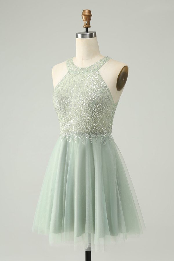 Dusty Green Halter Sequins A Line Homecoming Dress Supply