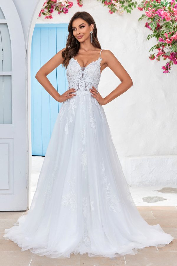 Ivory Criss-Cross Straps Back A-Line Tulle Wedding Dress Hot on Sale