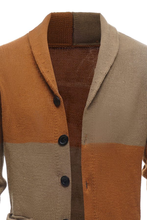 Brown Patchwork Shawl Collar Long Sleeves Men s Cardigan Sweater Online Sale