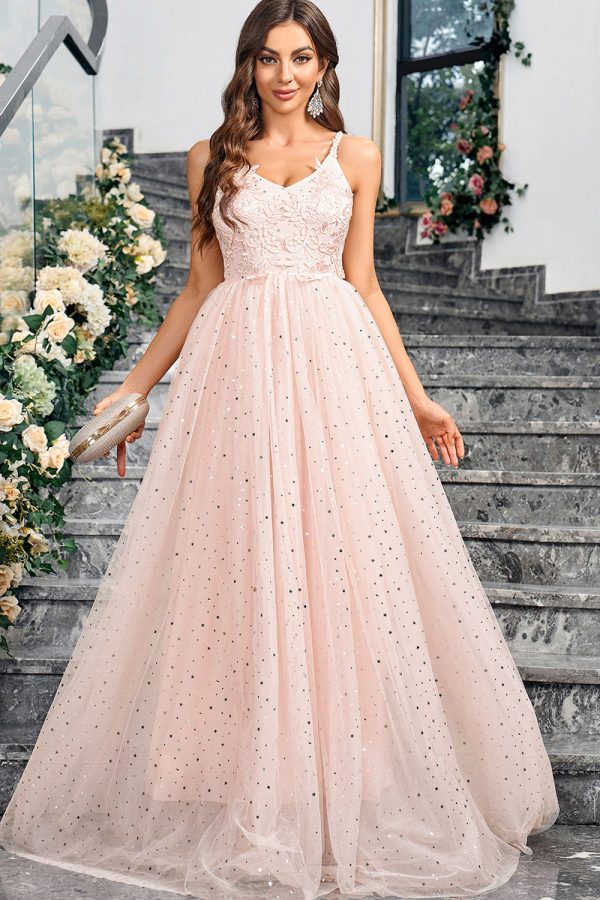 Sparkly Pink A Line Spaghetti Straps Long Prom Dress With Appliques Online Sale