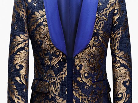 Royal Blue Men s Blazer With Golden Jacquard Cheap