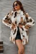 White and Brown Shawl Lapel Midi Faux Fur Shearling Coat Cheap