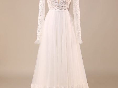 Ivory Long Sleeves Tulle A-Line Wedding Dress with Lace Online Sale