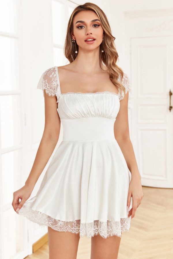 A Line Square Neck White Graduation Dress with Lace Fashion