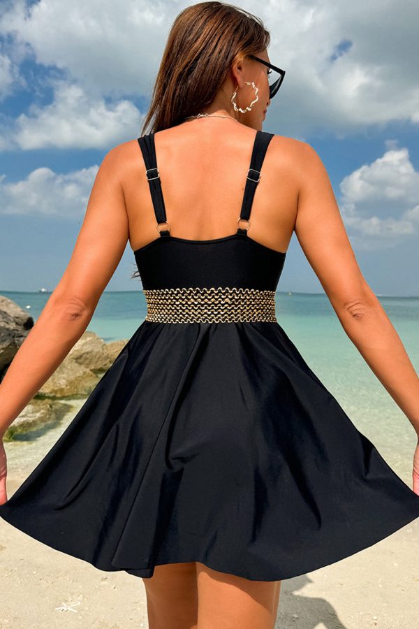 Black Color Block Tankini Set Stitched Detail Swimsuit Supply