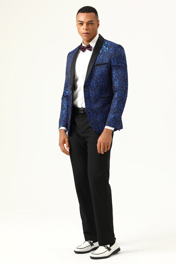 One Button Blue Shawl Lapel Jacquard Men s Prom Blazer Fashion