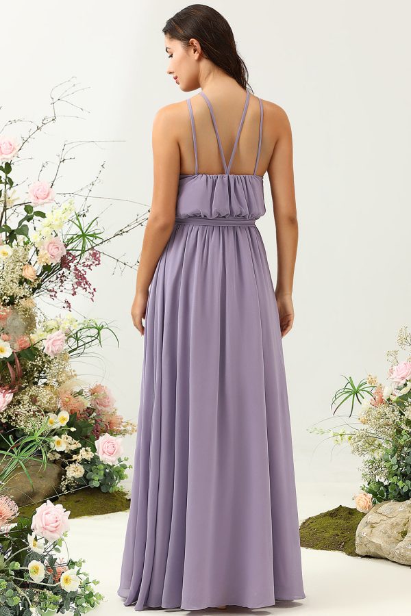 A Line Halter Purple Long Bridesmaid Dress with Bowknot Online