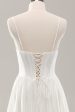 White Spaghetti Straps Satin Sweep Train Wedding Dress with Slit Discount