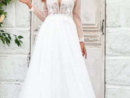 Deep V-Neck Ivory Tulle Sweep Train Wedding Dress with Lace Hot on Sale