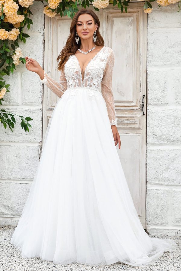 Deep V-Neck Ivory Tulle Sweep Train Wedding Dress with Lace Hot on Sale