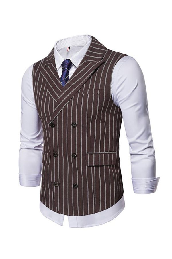 Lapel Collar Double Breasted Coffee Striped Men s Vest Sale