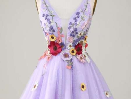 A Line Deep V Neck Open Back Purple Homecoming Dress With 3D Flowers Online Sale