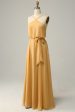 A Line Halter Yellow Long Bridesmaid Dress with Bowknot Cheap