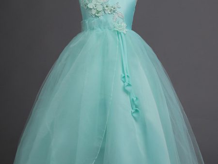 Tulle A-Line Round Neck Green Girls Dresses with Appliques For Discount