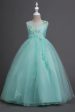 Tulle A-Line Round Neck Green Girls Dresses with Appliques For Discount