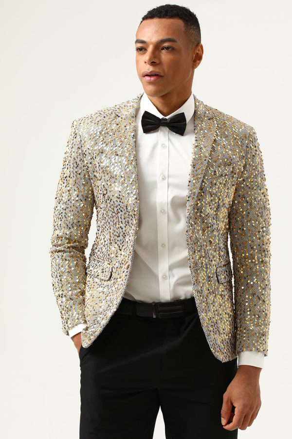 Sparkly Champagne Sequins Notched Lapel Men s Prom Blazer Discount